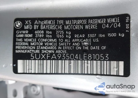 2004 BMW X5 4.8Is из США, поврежденный, VIN 5UXFA93504LE81053